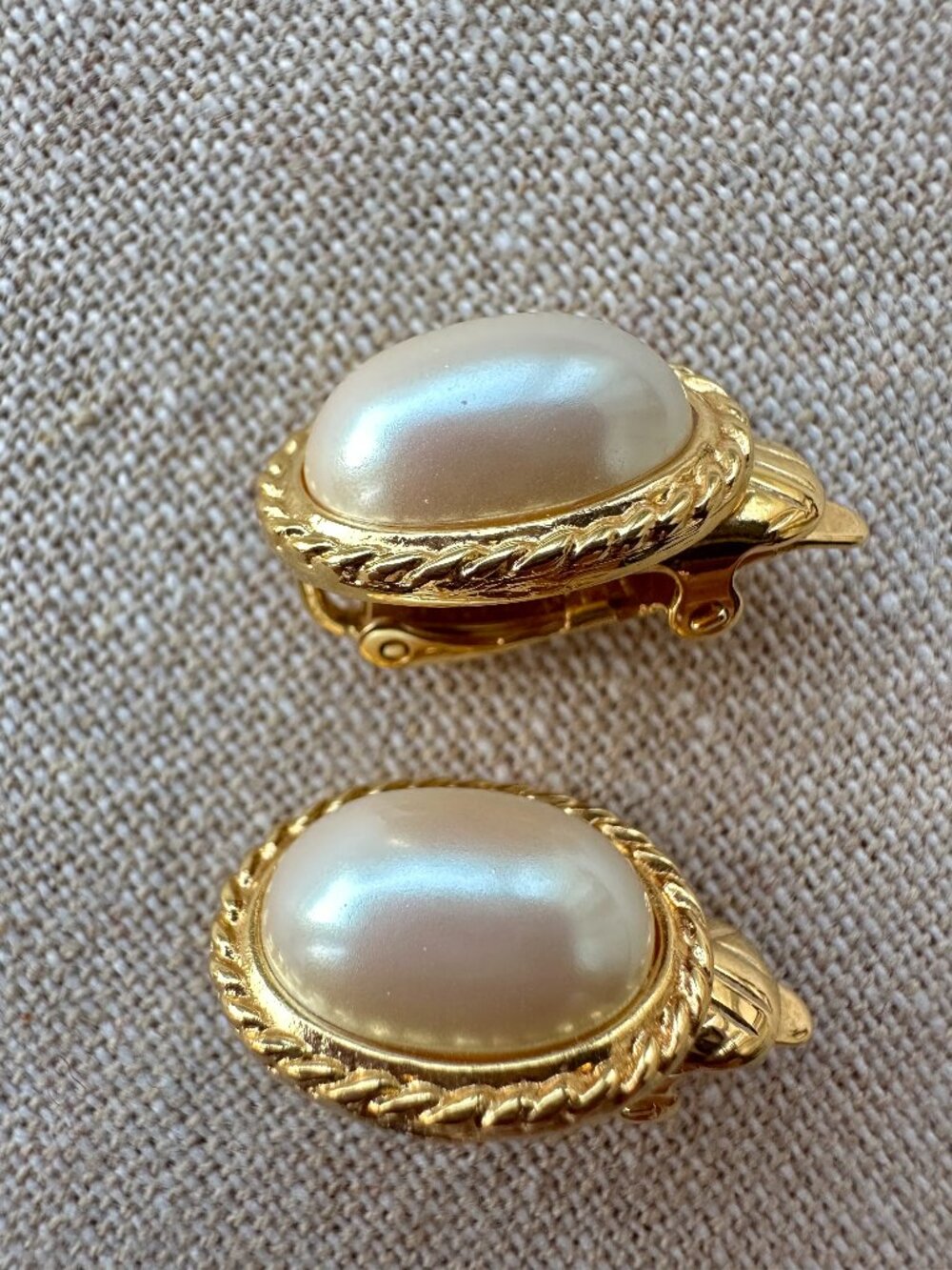 Trifari TM Oval Faux Pearl Gold Tone Rope Clip-On Earrings Signed